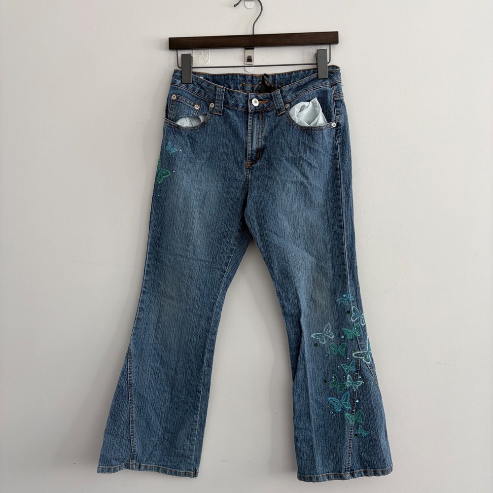 Arizona Jean Co Women Blue Butterfly Embroidered Flare Jeans 12.5 Plus